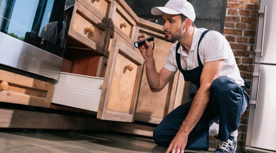 Pest control technician inspecting a San Antonio home for pests with a flashlight